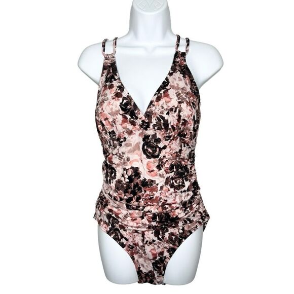 Floral V Neck Strappy One Piece Swimsuit - Picture 1 of 8